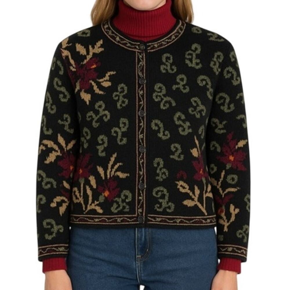 Vintage Nordic Design Wool Blend Ornate Design Cardigan Sweater Brown Medium